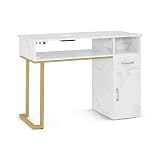 BarberPub Mesa de manicura con cajón y Armario, Mesa para uñas con Ventosa, 3 enchufes, tocador para uñas de Madera, Escritorio para salón de manicura, mármol Blanco Dorado, 50x110x82cm, 2491