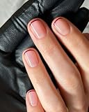 MouYouGlow Press on Nails Corto, Rosa Nude Rosa Rojo French Baby Boomer Fake Nails Full Cover Uñas Artificiales Naturales Rectangular Punta Roja Acrílico Uñas Artificiales para Mujeres y Niñas