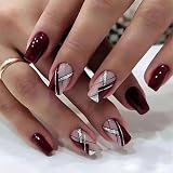 Goiern Uñas postizas cuadradas para pegar en color burdeos con líneas brillantes acrílicas para mujeres y niñas