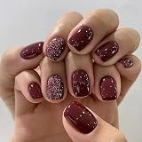 24 Piezas Uñas Postizas Cortas Cuadradas, Francesas Uñas Falsas Artificiales con Diseño, Acrílico Cubierta Completa Press on Nails para Mujeres y Niñas Decoración Manicura (Vino Tinto Brillante)