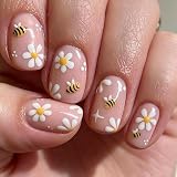 Tastetreasure 24 unidades de uñas postizas cortas y cuadradas, abeja dulce y margaritas, uñas artificiales con temática de primavera y verano para pegar con almohadillas adhesivas y lima de uñas