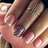 DEFGNOP 24PCS Uñas postizas Cuadradas Pequeñas para Presionar, Rayas Francesas de Moda Creativas, Uñas de Arte para Pegar, Uñas Falsas Cortas, Puntas de Uñas press on Falsas