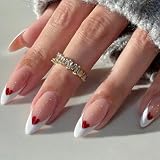 24 Piezas Uñas Postizas Francesas Almendra Medianas, Rosa Nude Press on Nails, Corazón Rojo Brillante Unas Falsas Naturales de Cobertura Completa, Acrílico Uñas Artificiales para Mujeres Manicura
