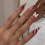Auroriel 24 Piezas Uñas Postizas Cortas En Forma De Almendra Con Punta Francesa Roja Con 3D Lazo Set De Uñas De Navidad Para Damas Regalo De Manicura