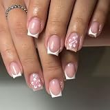Dermalyx Uñas Postizas Primavera, Uñas Blancas Estilo Francés con Diseño Floral, Uñas Artificiales, Uñas para Pegar, Puntas Falsas, Encantador Diseño para Verano