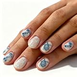 Floruvia 24 piezas uñas postizas de verano, uñas cortas cuadradas blancas y azules con diseño de estrella de mar y tortuga, uñas adhesivas reutilizables de cobertura total