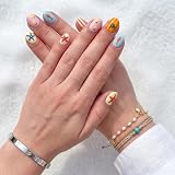 Cotabacuco uñas postizas adhesivas cortas 24 piezas, cuadrado ovalado naranja azul, set de uñas artificiales limón estrella de mar, uñas para verano vacaciones playa uso diario, reutilizables