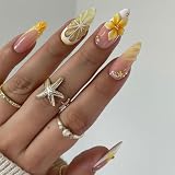 Auroriel 24 Piezas Almendra Press On Uñas Gel Uñas Postizas con Flor Blanco Amarillo Francés 3D Perlas Estrella Dorada Diseño de Arte de Uñas Exquisito Reutilizable Uñas
