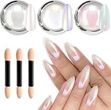 LEDSUUEI 3 cajas de polvo de uñas cromado perla blanca, 3PCS Aurora Ice Shimmer Chrome Pigmento en Polvo para Las Uñas, Glaseado Donut Glitter Powder Nails Mirror Effect Glitter Nail Art Powder