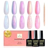 YSUVIN Esmalte de Uñas de Gel, 5 Colores Pintauñas Semipermanentes Perlas, Rosa Blanco Shell Esmaltes Semipermanentes Soak Off UV/LED Francesa Manicura, Blanco Perla y Efecto Espira