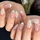 Glamoreal Uñas postizas adhesivas con lunares, uñas cortas de forma almendrada en rosa, uñas estilo french tip con estampado de lunares marrones, uñas postizas completas y bonitas, 24 piezas