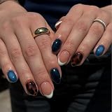 Nymora 24 Uñas Press on de Forma Media Almendra - Estilo Leopardo Punta Francesa Oro Azul - Kit Jelly Gel - Ideales Consejos de Uñas para Otoño Invierno para Mujeres y Niñas