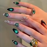 Auroriel 24 Piezas Cortas Uñas de Almendra con Diseño de Ojos de Gato Verdes Uñas Postizas Kit de Uñas de Acrílico de Cobre Completo para Mujeres Manicura Look de Primave