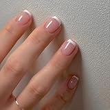 24 Piezas Uñas Postizas Cortas Cuadradas, Francesas Brillantes Uñas Falsas Borde Blanco Adhesivas Uñas, 12 Tamaños Acrílico Natural Cubierta Completa Press on Nails para Mujeres y Niñas