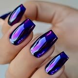 Uñas postizas azul real metalizadas cromadas cuadradas medianas juego de uñas postizas holográficas antirrotura