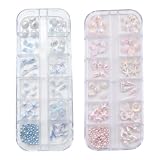 2 Cajas de Decoración de Uñas Estilo Océano, Kit de Nail Art con Conchas, Estrellas de Mar y Perlas, Adornos 3D para Manicura DIY, Colores Aurora Rosa y Azul