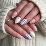 Ruispeed Uñas postizas adhesivas francesas, 24 piezas, cortas en forma de almendra con lunares, uñas acrílicas reutilizables para mujer, cobertura completa, brillo, diseño bonito