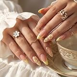 Higijapuf 24 piezas uñas postizas adhesivas, uñas para pegar forma almendra mediana con punta francesa y diseño de flores amarillas, uñas postizas brillantes para manicura diaria de primavera y