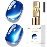 Senvenski Gelatina Vidrio ojo de gato Esmaltes Semipermanentes Para uñas 15ML Magnético Cat Eye Galaxias Holográfica Brillante Transparente Color Esmaltes de gel de uñas (Azul, MY1-009)