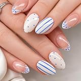 Cotabacuco 24 piezas uñas postizas almendra, cortas nude azul, set de uñas artificiales con puntos y rayas, uñas francesas para día a día, citas, verano, con almohadillas adhesivas