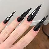 GlamRays 24 Piezas Uñas Postizas de Color Sólido Negro Stiletto Largo Brillante, Regalo para Mujeres y Niñas