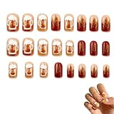 UZYXC 24 Piezas Uñas Postizas Press On, Uñas Cortas Cuadradas, Diseño Oktoberfest Otoño, Marrón Brillante, Estilo Francés, Para Mujeres, Manicura, Fiesta, Fiesta De La Cerveza, Autoadhesivo, Elegante