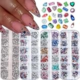 Diamantes de Imitación para Uñas, 4 cajas/48 compartimentos Colores Piedras Brillantes para Uñas, Múltiples formas, Gemas para Las Unas para Nail Art Cara Decoracion