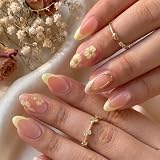 24 Piezas Uñas Postizas Flores Almendra Media, French Tip Juego de Uñas Adhesivas, Uñas Artificiales Brillantes con Diseño de Flores Amarillas, Uñas Cubiertas Completas Reutilizables para Mujer