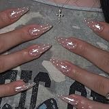 LunarCharm 24 piezas de uñas postizas almendradas con diseño moderno de lunares y cromo - Glaseado rosa nude con brillo iridiscente aurora, brillante y para uso diario