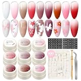 PEACECOLOR 9 Colores Ombre Gel, Pat Painting Gel uñas Efecto Degradado Blanco Nude Rojo Pintauñas Semipermanentes, 100 Esponjas y Pinza para Manicura