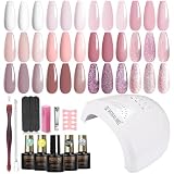 ROSALIND Kit Uñas Semipermanentes con 48W Lámpara 12+4 Piezas Kit Rosa | Uñas Semipermanentes Kit Completo Blanco Morado Avena Color, Mini UV LED Pintauñas Gel Kit Regalos Principiantes Manucira