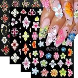 Giyehehi 4 hojas de pegatinas florales para uñas, adhesivos 5D en relieve con hibisco, lirio rosa y blanco, hibisco, flores tropicales, accesorios de nail art de verano y primavera para mujer
