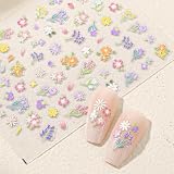 Xinjoduz 3 hojas 3D pegatinas de uñas flores, pegatinas autoadhesivas para uñas 5D estereoscópicas primavera verano flores decoración de uñas accesorios de diseño de uñas Doonails pegamento
