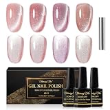 Shining She Pintauñas Semipermanentes Ojo de Gato,4 Colores Rosa Glitter Cat Eye Gel Polish Set con imán,Esmaltes Semipermanentes Para Uñas en Gel UV LED para Novato Art DIY,8ML