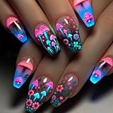 Zernblend 24 piezas arte de uñas de fantasía de setas, uñas postizas, uñas adhesivas, uñas falsas