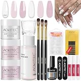 Aokitec Juego de uñas acrílicas, polvo acrílico transparente/rosa claro/rosa brillante con pincel acrílico líquido, puntas de uñas, adhesivo para uñas, gel acrílico para uñas, juego de uñas acrílicas