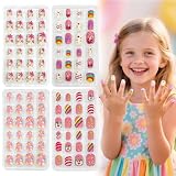 96 Pcs Uñas Postizas de Niñas, Adhesivos de Uñas Pintadas Cortas Acrilicos de Uña Kit, Prepegamento Uña Falsas de Niños Dibujos Animados Lindo Regalos Para Niñas