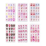 144 uñas postizas autoadhesivas para niñas, 6 estilos rosas, reutilizables
