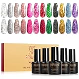 ROSALIND Esmaltes Semipermanentes Purpurina 12 Colores Plata Rosa Rojo | Verde Negro Oro Azul Morado Glitter Pintauñas Semipermanentes,Soak Off UV/LED Mini Esmaltes en Gel Brillo Manicure Regalo