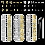 Sularpek 3 Cajas de Accesorios para Uñas, 36 Diseños de Encantos con Lazos, Estrellas, Perlas y Pinzas, en Oro y Plata, Kit de Arte de Uñas para Decoración DIY