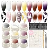 PEACECOLOR 9 Colores Ombre Gel, Pat Painting Gel uñas Efecto Degradado Blanco Nude Negra Rojo Amarillo Marron Pintauñas Semipermanentes, 100 Esponjas y Pinza para Manicura